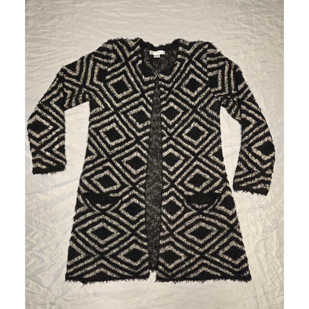 August Silk Womens Small Open Cardigan Sweater‎ Black White Geometric Fuzzy Knit